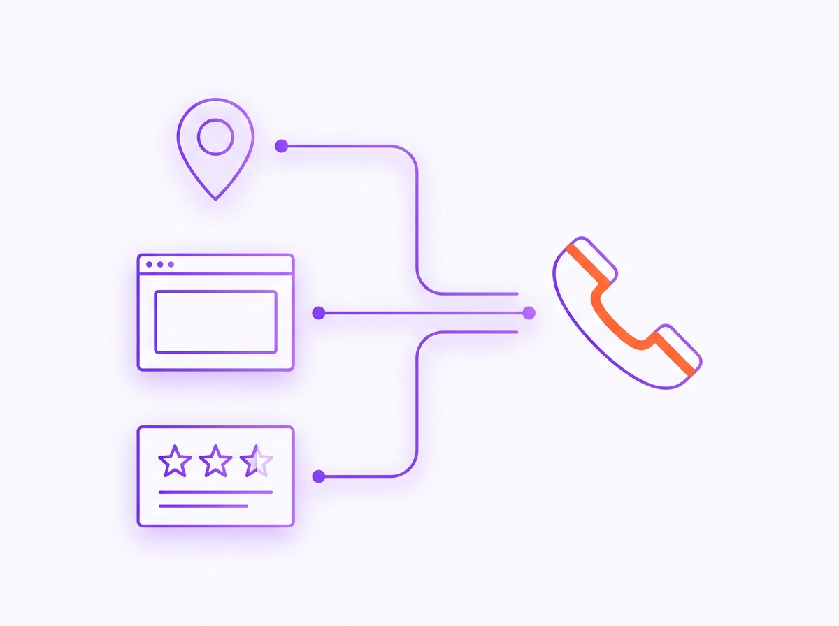 Simple diagram of a Google Business Profile, a website page and a review feed connected to a single phone call