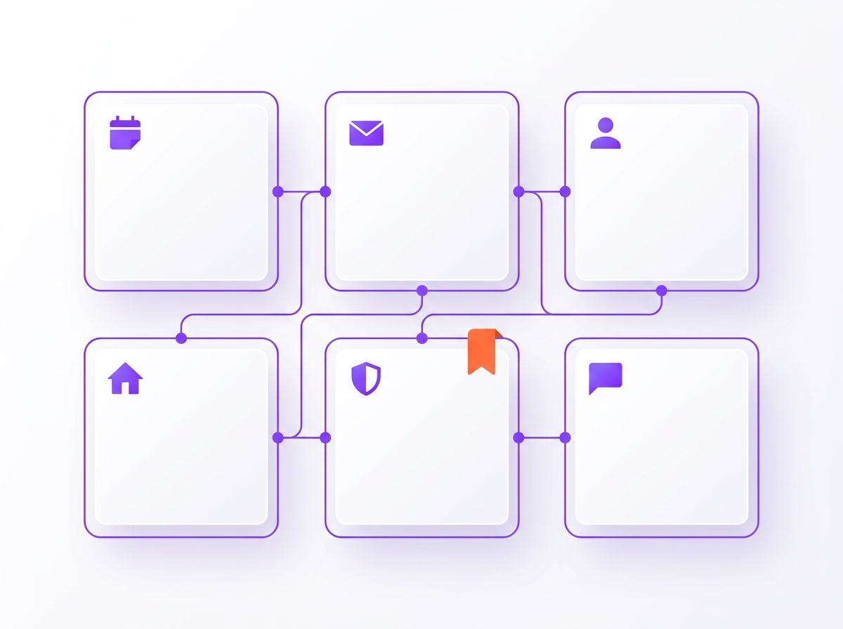 Six blank record cards in a grid with calendar, envelope, person, house, shield and speech bubble icons representing the six past-client fields