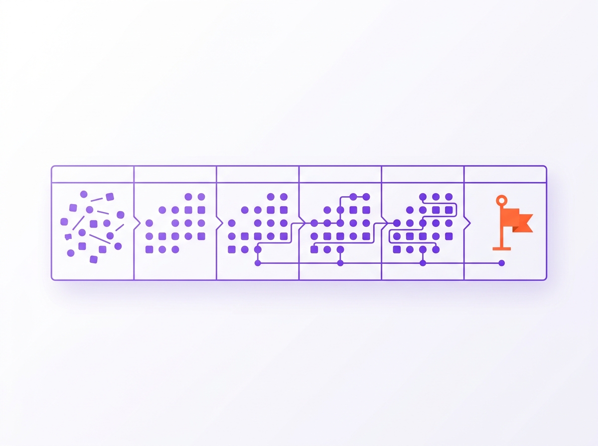 Six-week calendar strip with scattered records on the left becoming aligned rows on the right