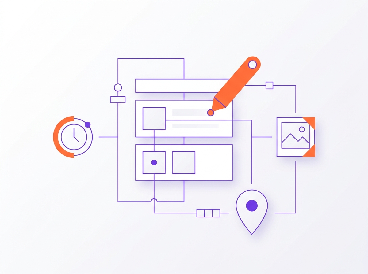 Illustration of a business listing being edited, with separate blocks for hours, photos and location