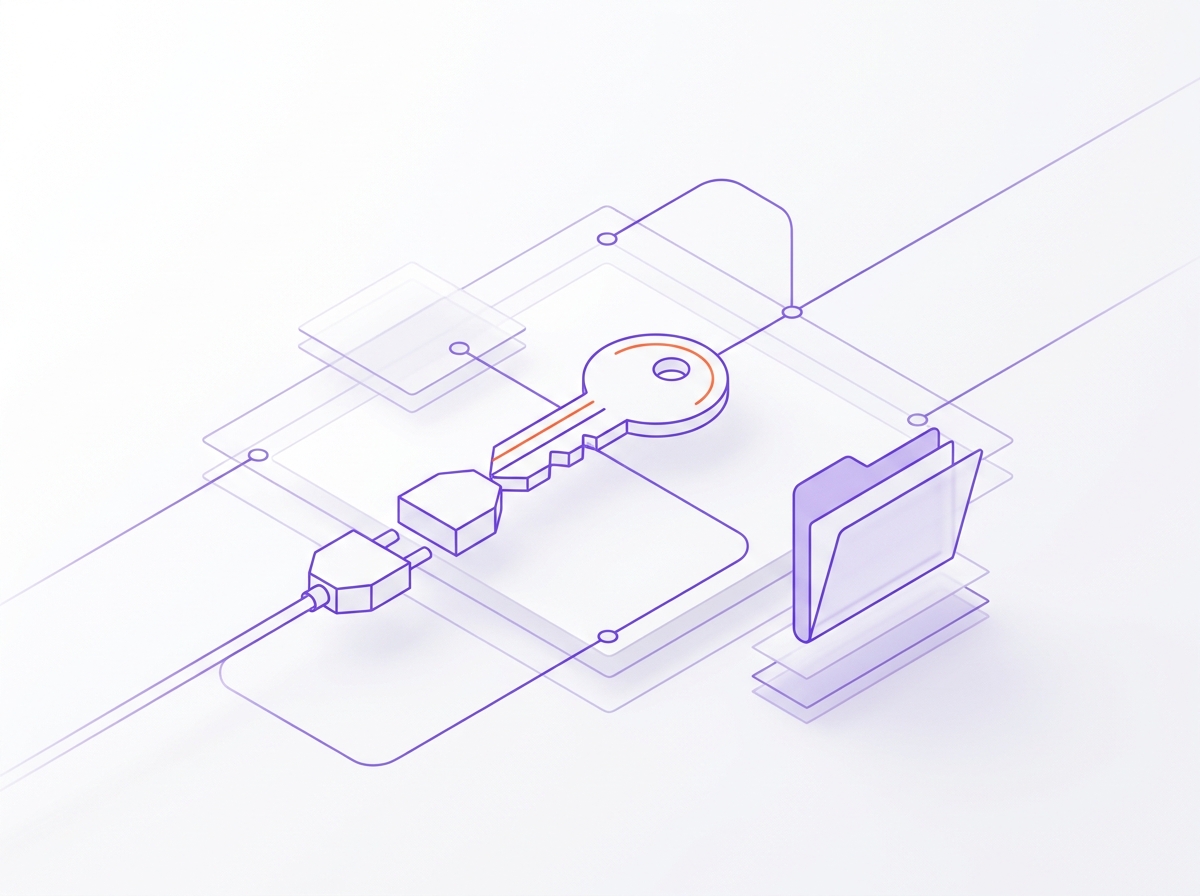 A key labeled code, a folder labeled data and linked plugs labeled integrations on a clean desk