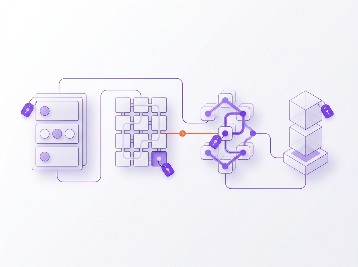 Illustration of a client portal's code, data, integration accounts and hosting shown as four separate blocks, each labeled with a different owner key