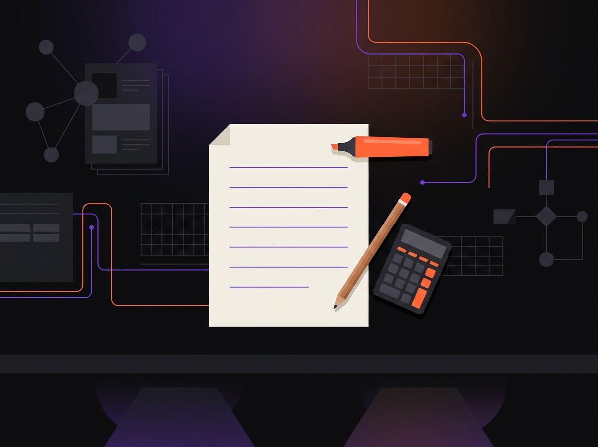Paper worksheet with seven labeled lines, a pencil and a calculator beside a restaurant check presenter