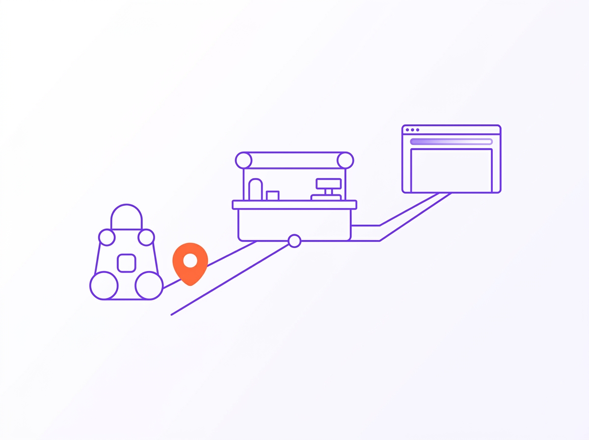 Two simple lanes diverging from a restaurant counter, one labeled with a delivery app icon and one with a direct web order icon