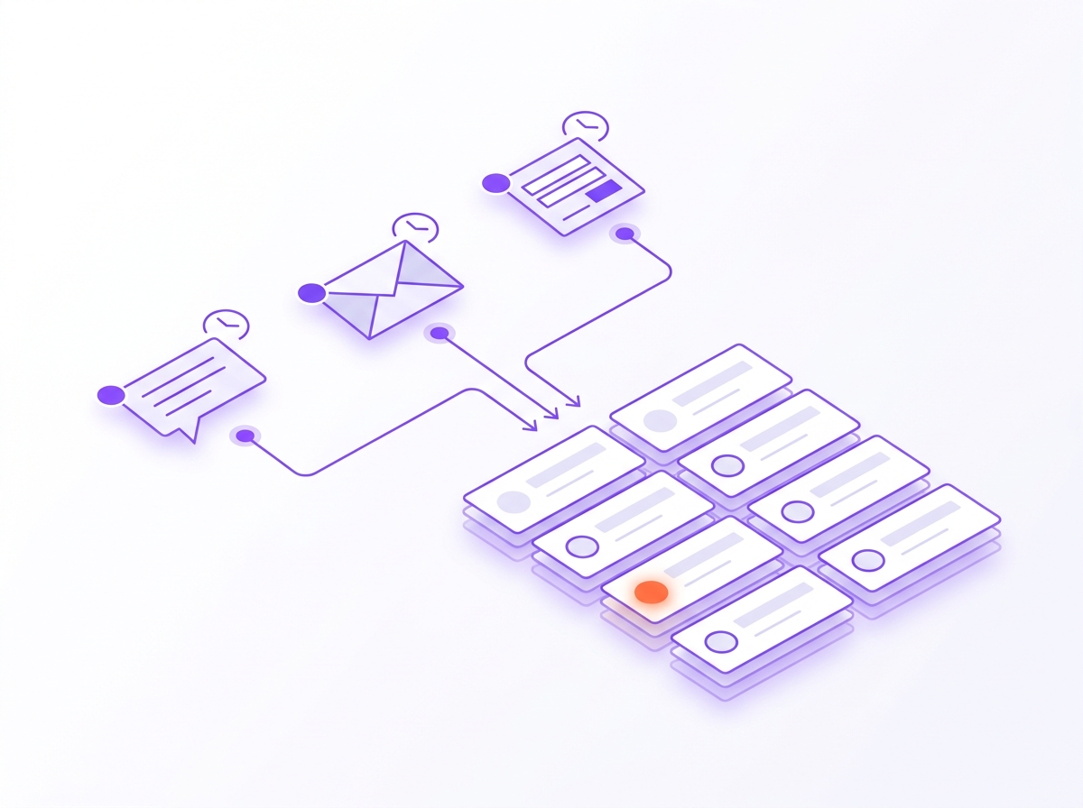 Diagram of a support request moving from web chat and email into one queue with an owner and a timer