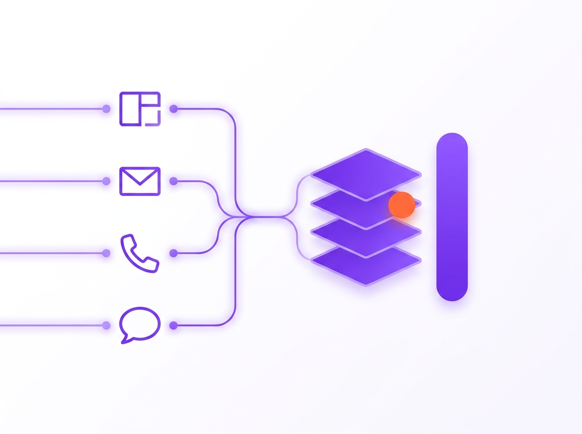 Four arrows labeled web form, email, phone and chat converging into one ordered list with an owner column