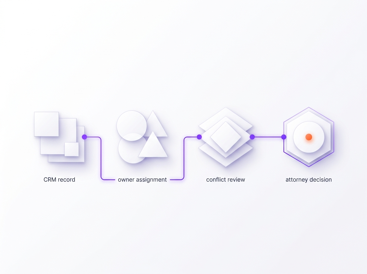 Flow from inquiry form to CRM record, owner assignment, conflict review and attorney decision