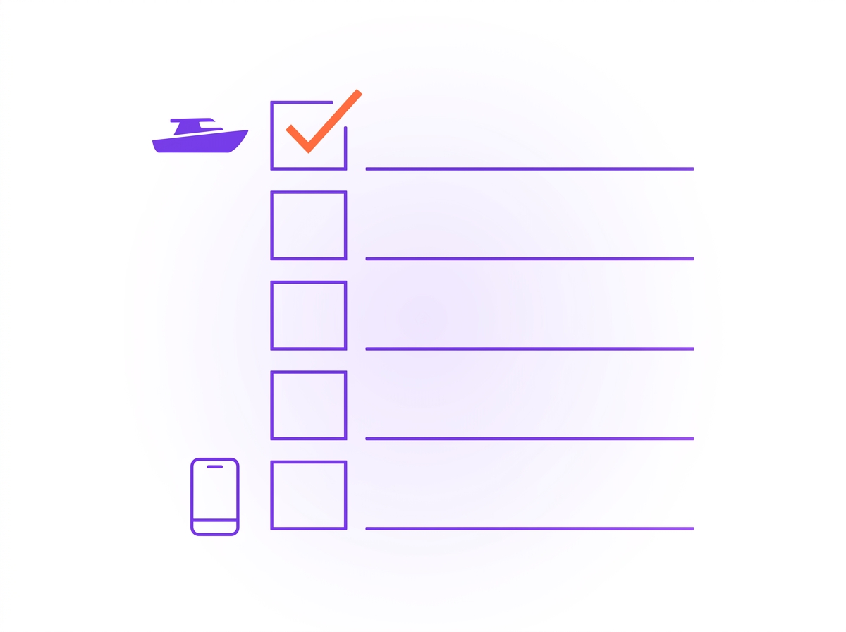 Checklist graphic with items for hours, address, phone, booking link and Business Profile alignment ticked off for a charter website