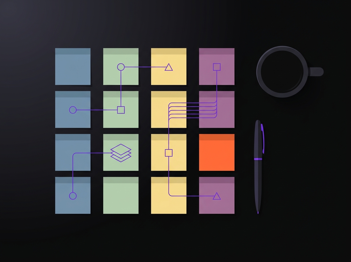 Four sticky-note columns on a desk representing trigger, owner, tool and handoff for each step of a workflow
