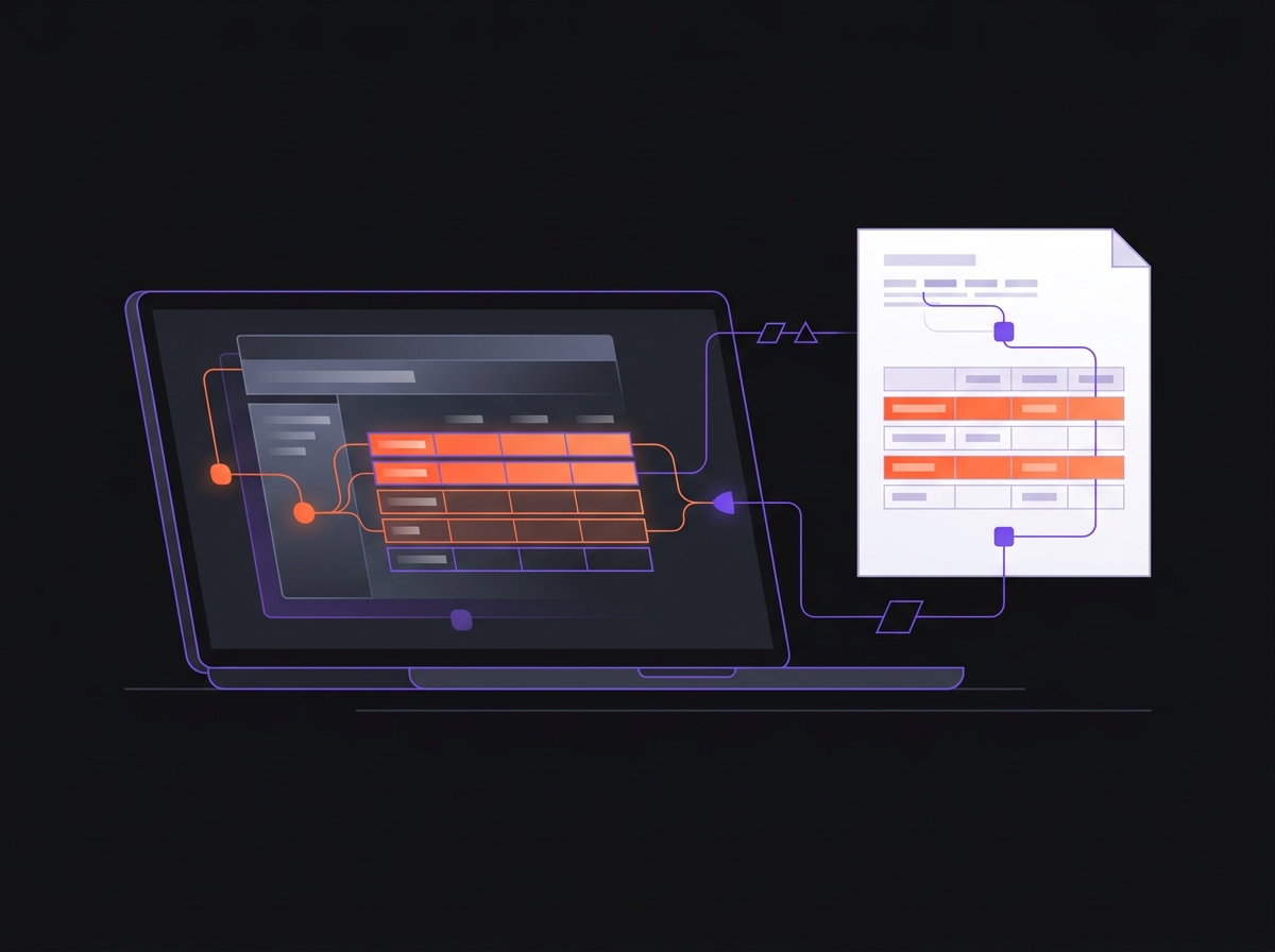 A completed process capture sheet on a laptop beside a printed build brief with highlighted exception rows