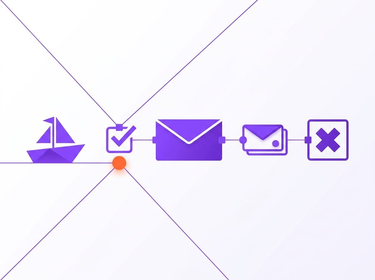 Simple flow diagram of a trip marked complete triggering a review email, then a reminder, then a stop
