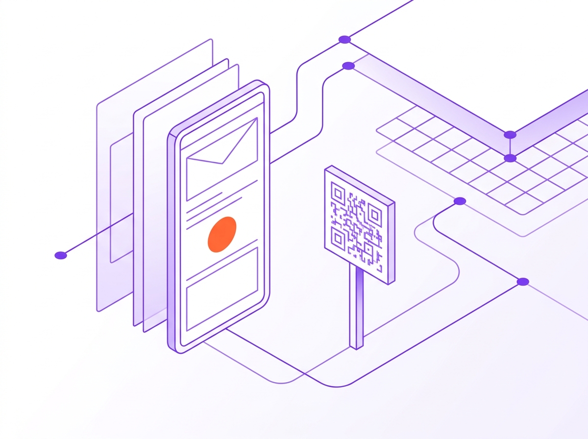 Illustration of a phone showing a short thank-you email with a single review button next to a dock QR code card