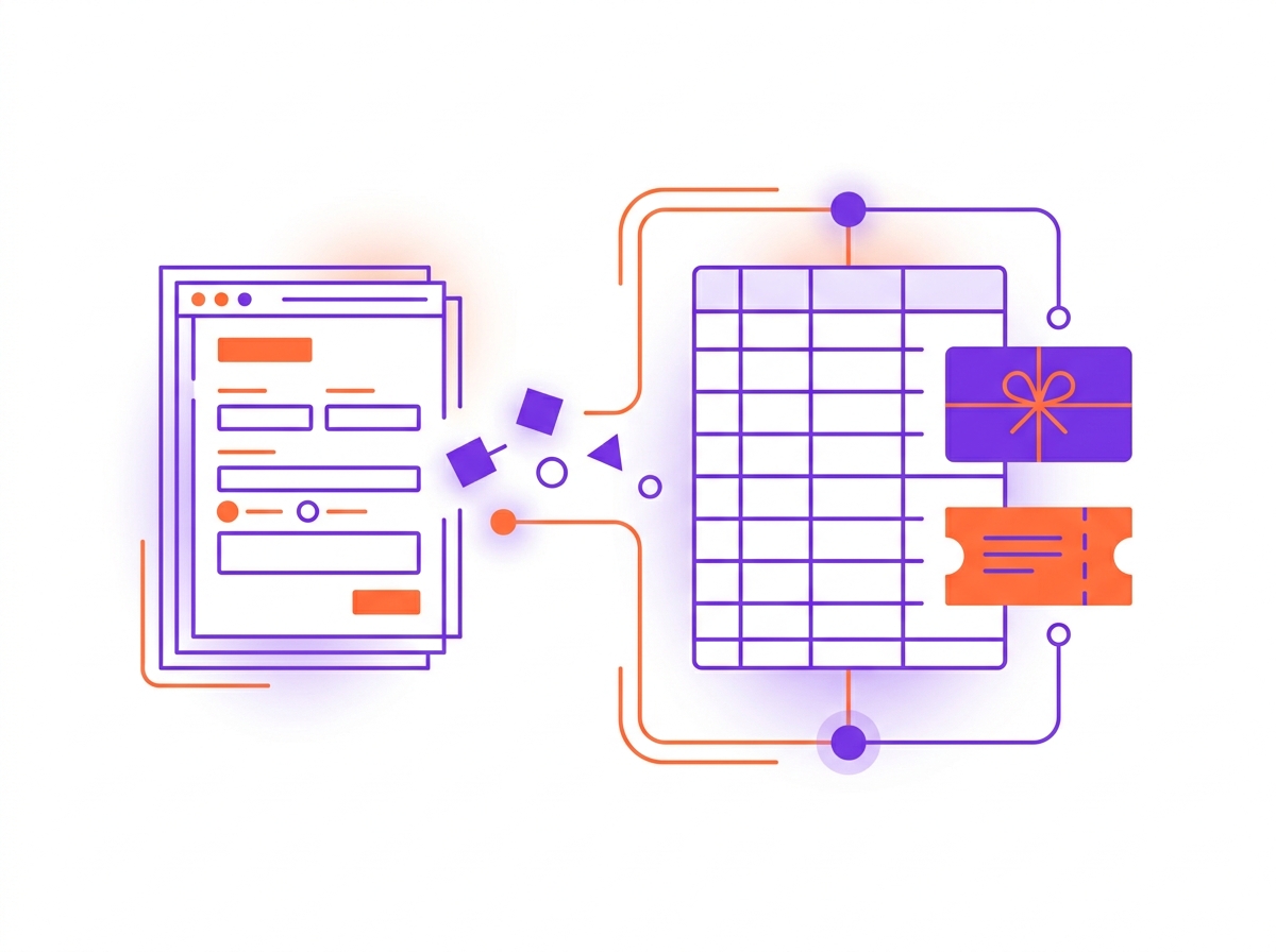 Illustration of a booking form feeding guest details into a single guest list, with a gift card and a prix fixe ticket alongside