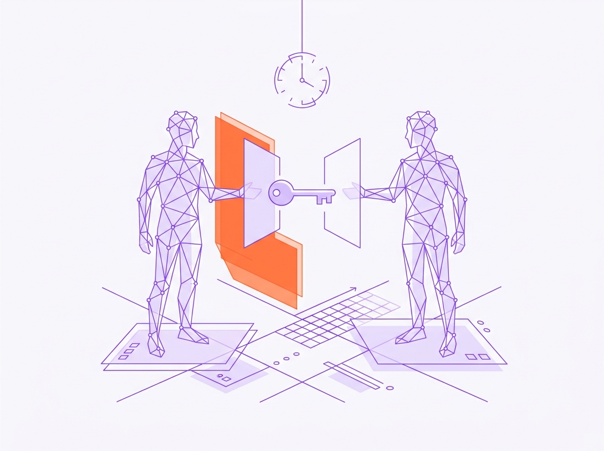 Illustration of a handoff of client ownership from one agent to another with a time window above it