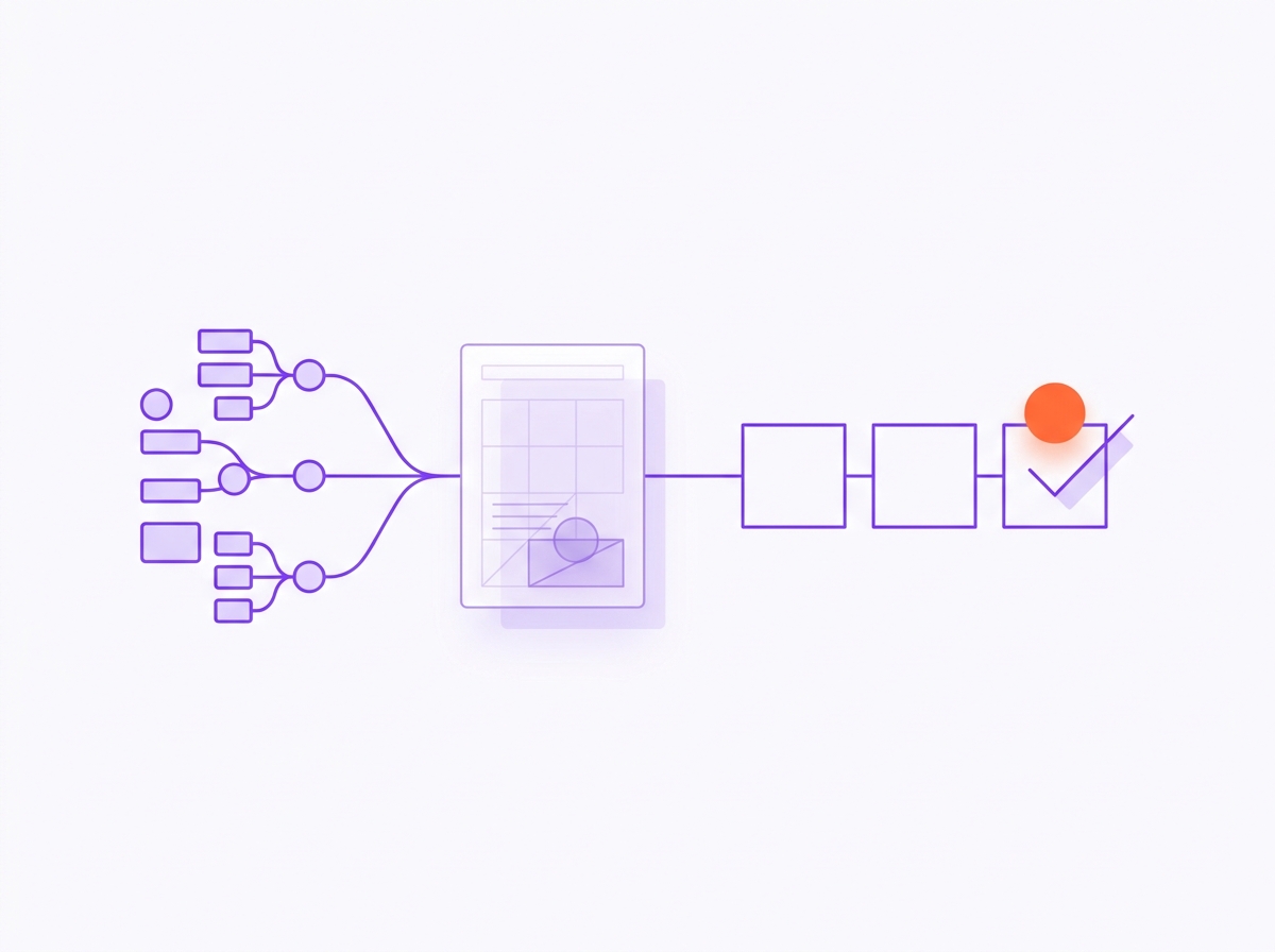 Simple diagram of CRM fields feeding an AI draft and a person approving it in a queue