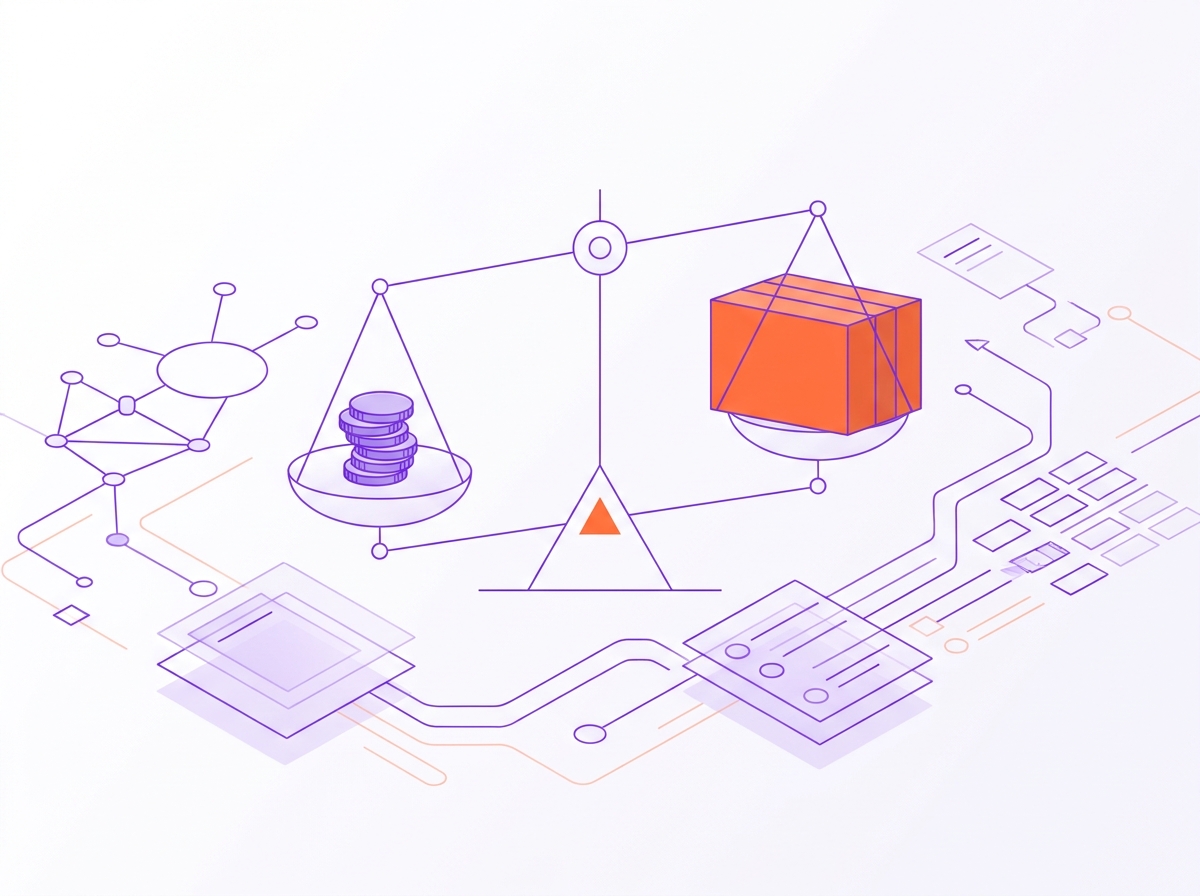 Two stacks of coins on a balance, a small monthly stack against one large one-time stack, in purple and orange