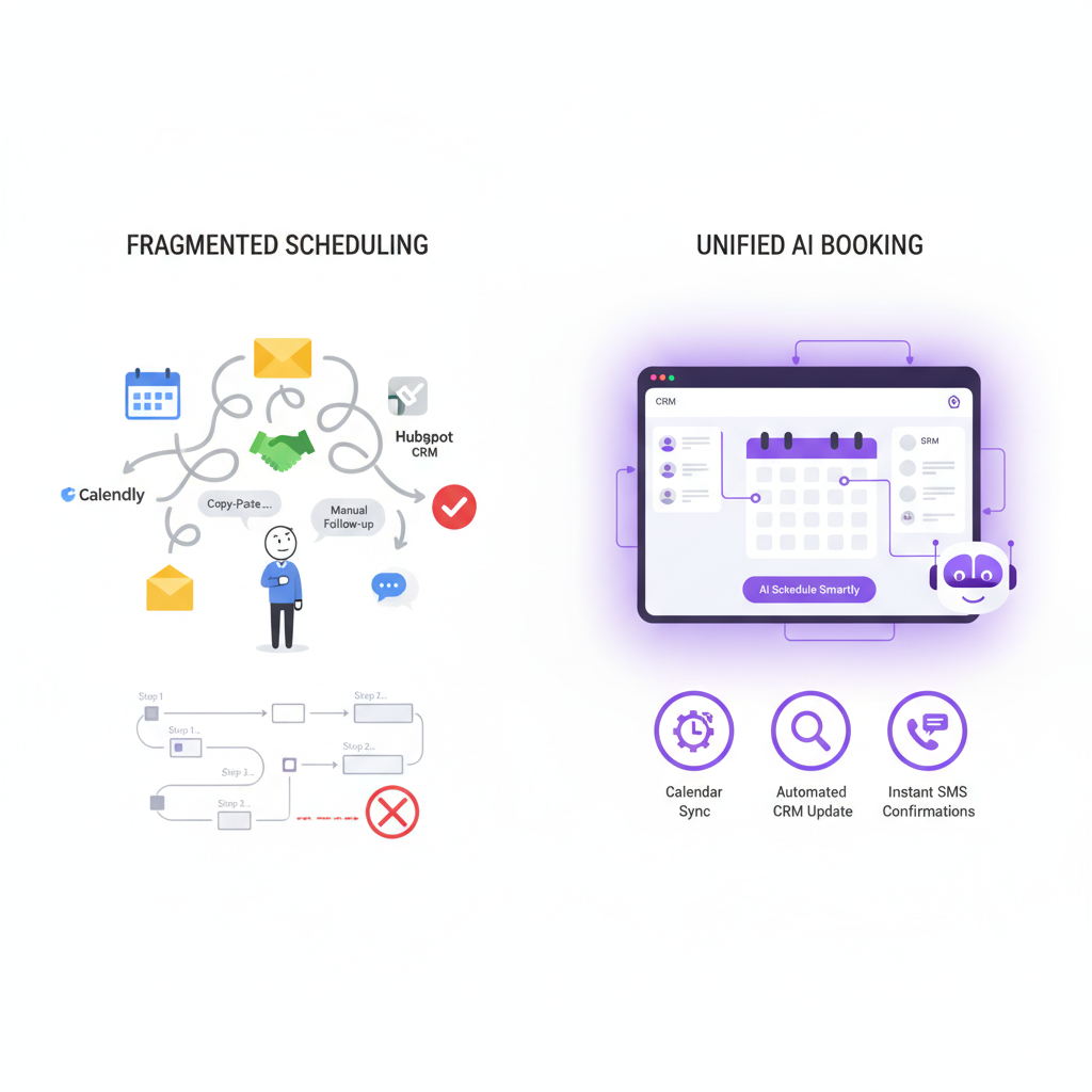 A split-screen illustration comparing a cluttered multi-app scheduling workflow on the left (multiple disconnected SaaS 