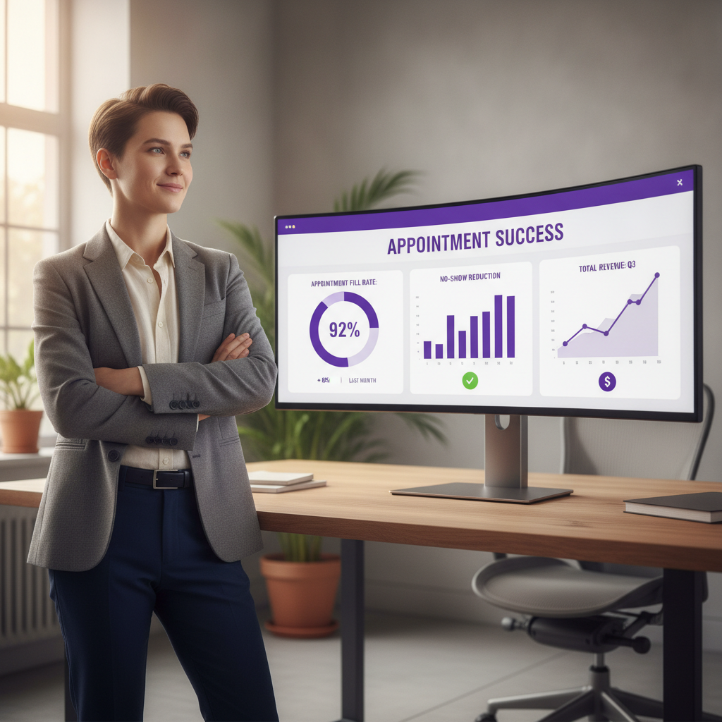 A confident small business owner (gender-neutral, modern professional attire) reviewing a glowing analytics dashboard on