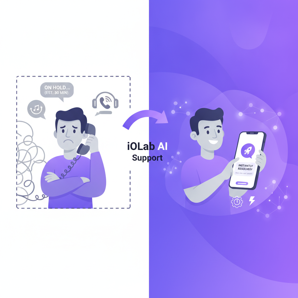 A clean split-screen illustration comparing an old-style rule-based chatbot decision tree (grey, rigid flowchart) on the