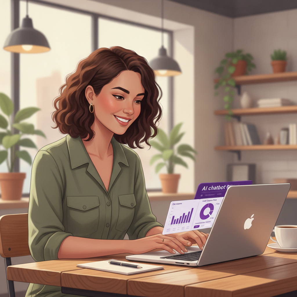 A warm, approachable illustration of a small business owner — a woman at a desk in a modern office — reviewing chatbot a