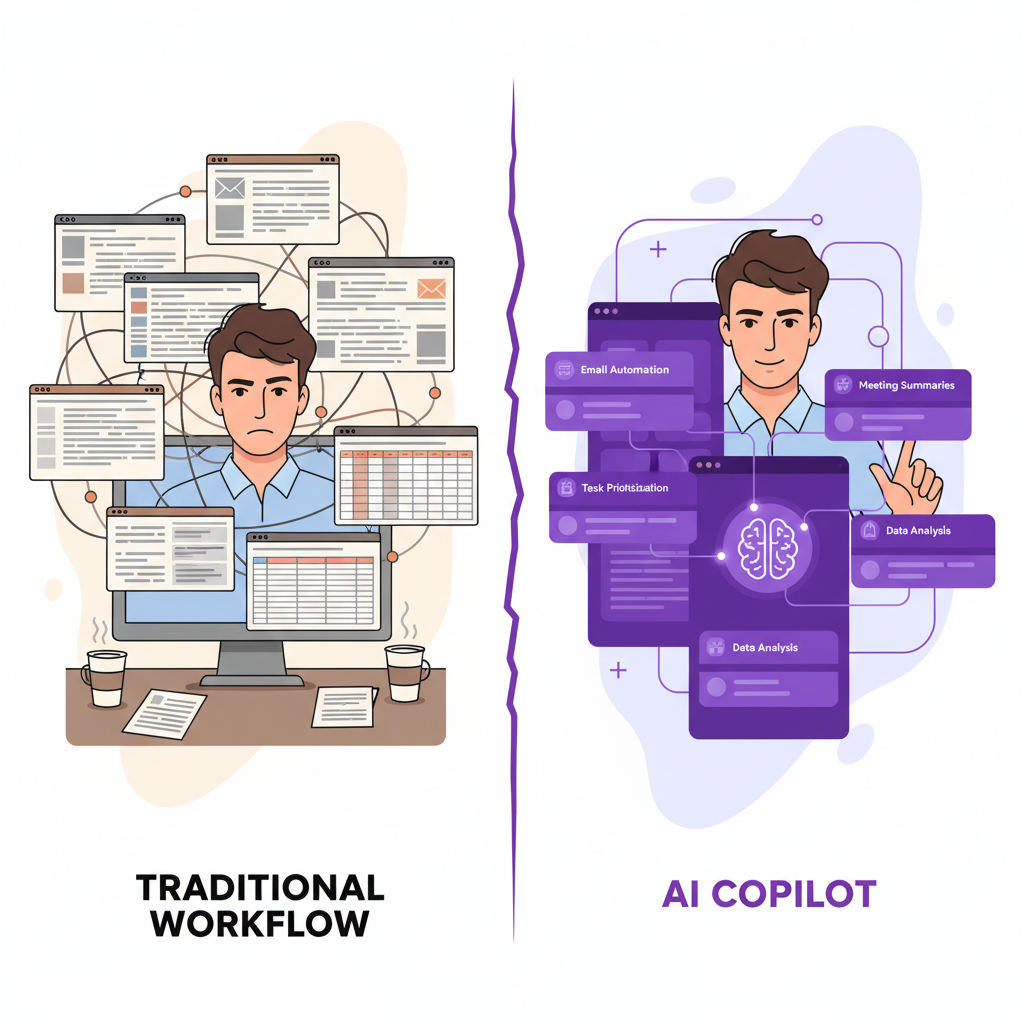 A split-screen illustration showing a cluttered traditional business workflow with multiple software windows and stresse