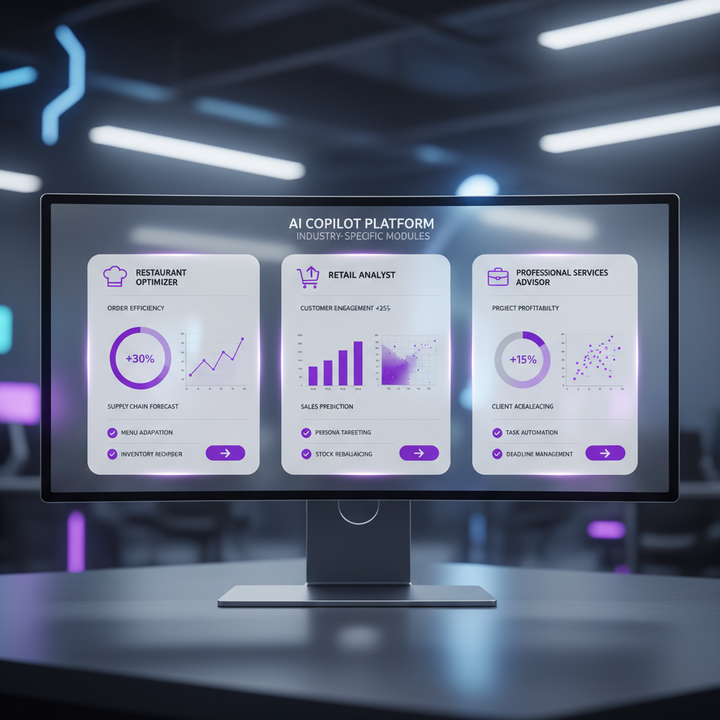 A modern dashboard interface showing various industry-specific AI copilot modules (restaurant, retail, professional serv