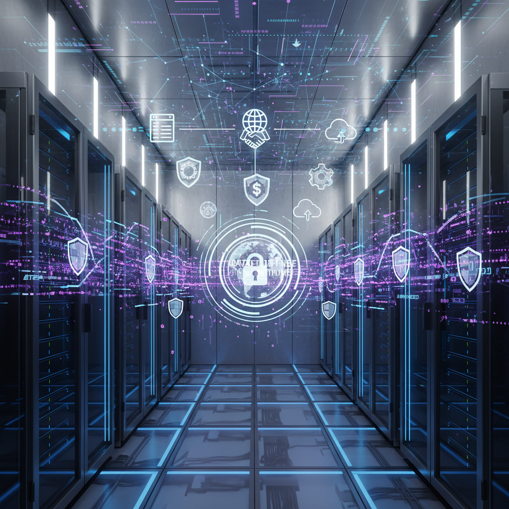 A secure, modern server room visualization with AI neural network patterns flowing between business application icons, e