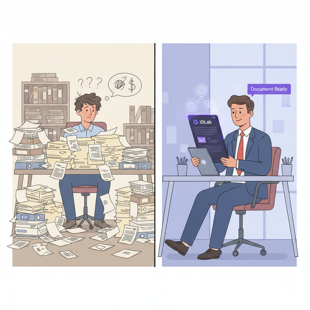 A split-screen illustration showing a stressed small business owner buried in paper documents on the left, versus a calm