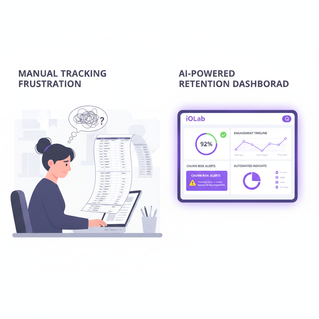 A split-screen illustration comparing a frustrated small business owner manually scrolling through spreadsheets to track