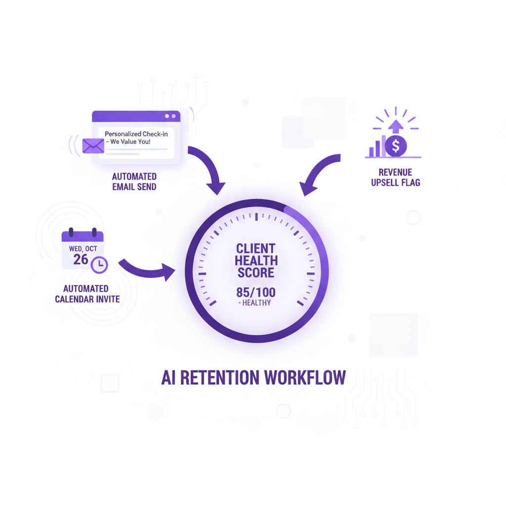 A modern illustration of an AI retention workflow for a small business. Shows a client health score gauge in the center,