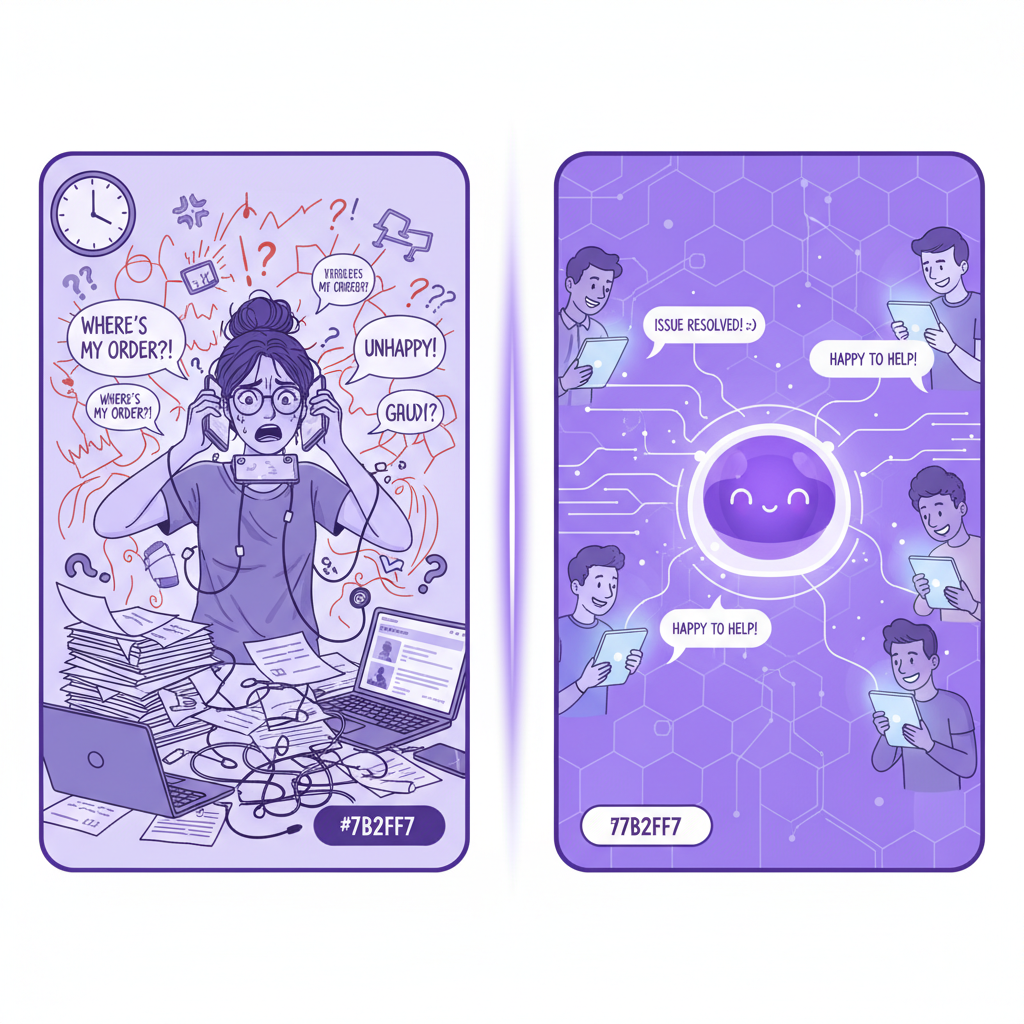 A split-screen illustration showing a stressed small business owner juggling phones and customer complaints on one side,