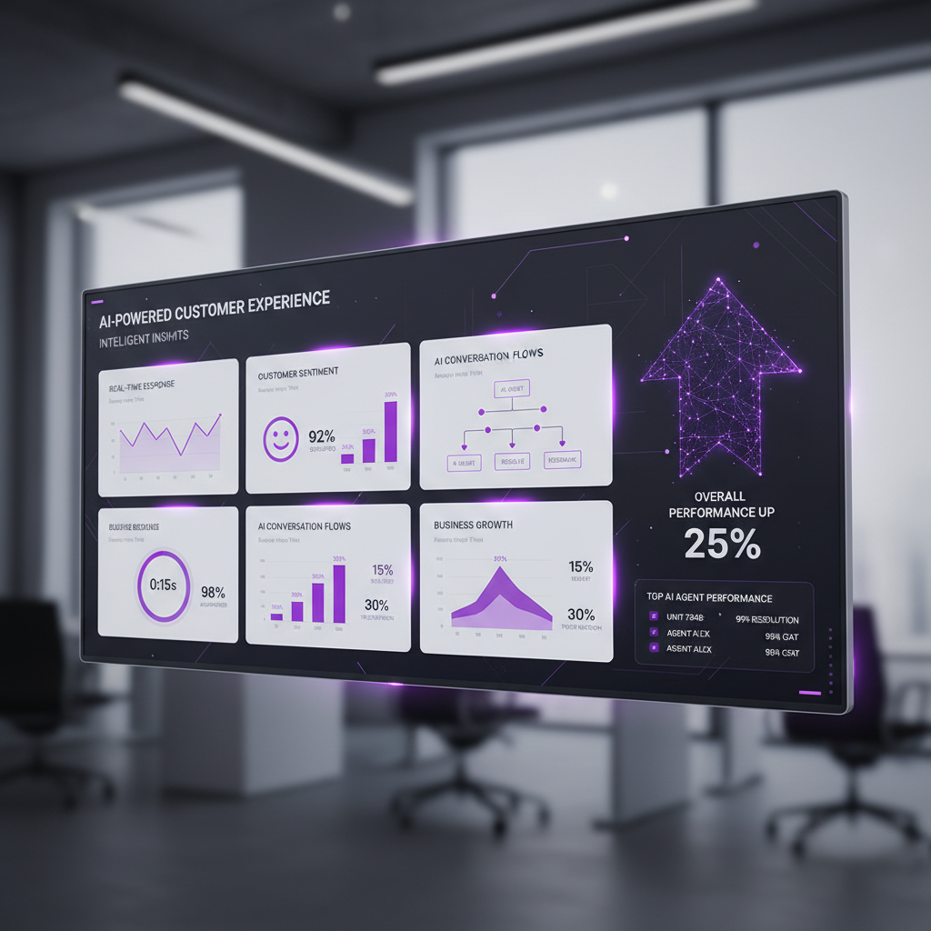 A modern customer service dashboard displaying AI analytics, response time metrics, customer satisfaction scores, and au