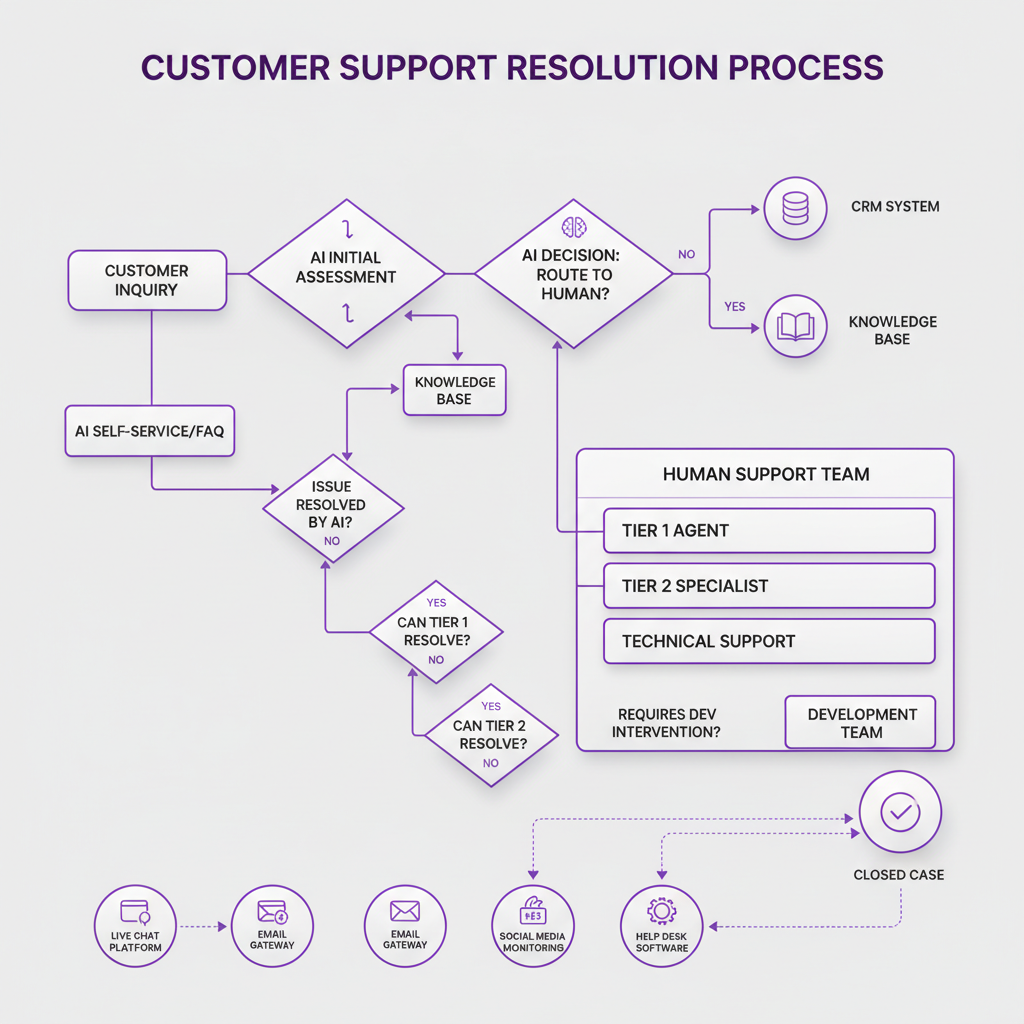 A professional workflow diagram showing the customer support process from inquiry to resolution, with AI decision points