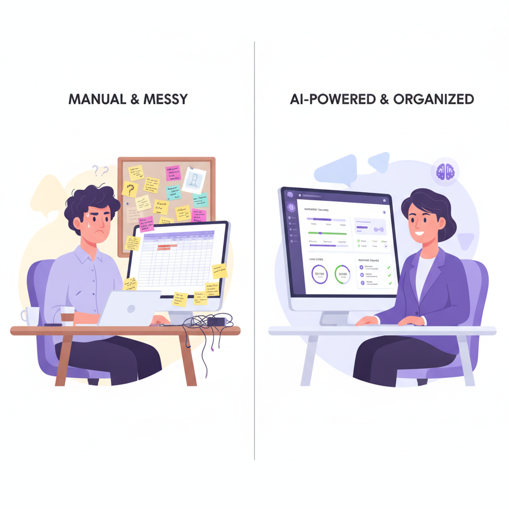 A side-by-side comparison illustration showing a small business owner manually tracking follow-ups on sticky notes and a