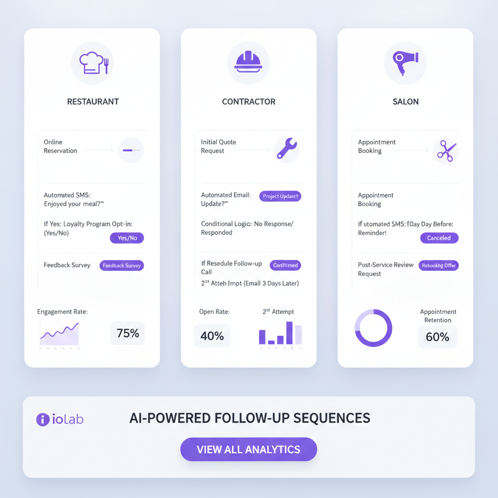 A modern split-panel illustration showing AI-powered follow-up sequences tailored for different small business industrie