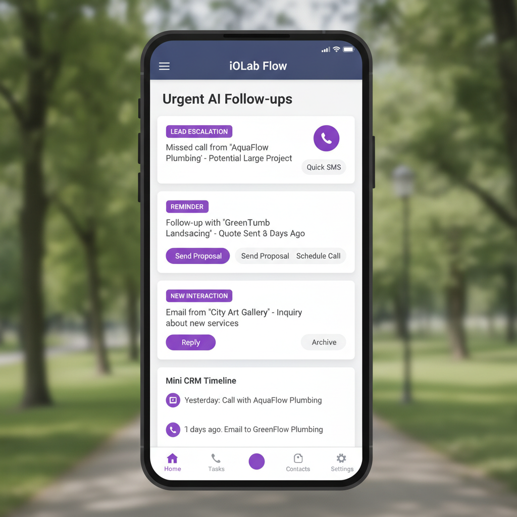 A professional illustration of a mobile app interface showing an AI follow-up alert system for a small business owner on