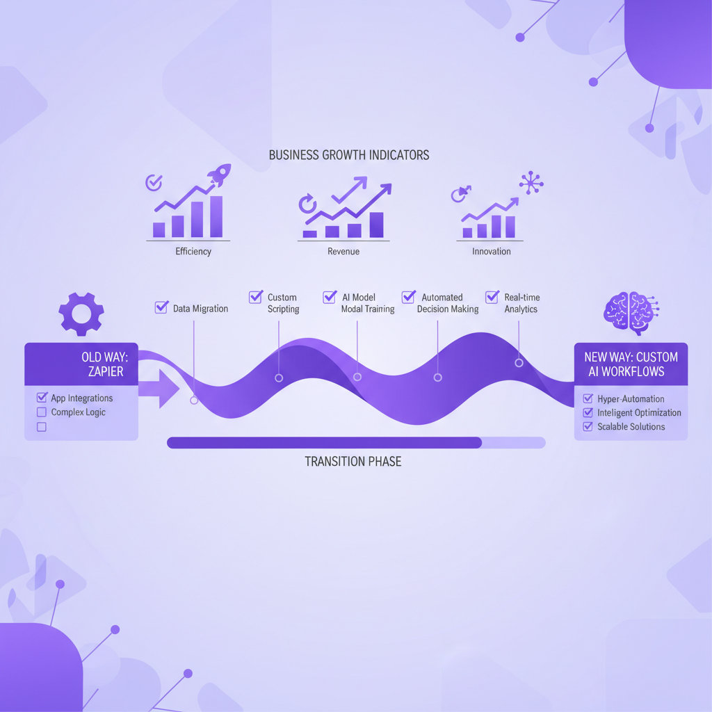 A professional illustration showing the transition process from Zapier to custom AI workflows, with a timeline, checklis
