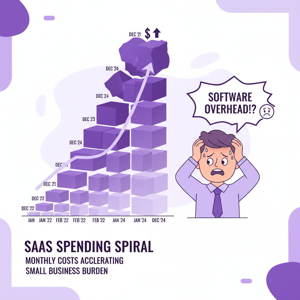 A detailed infographic showing stacked monthly SaaS bills growing exponentially over time, with a small business owner l
