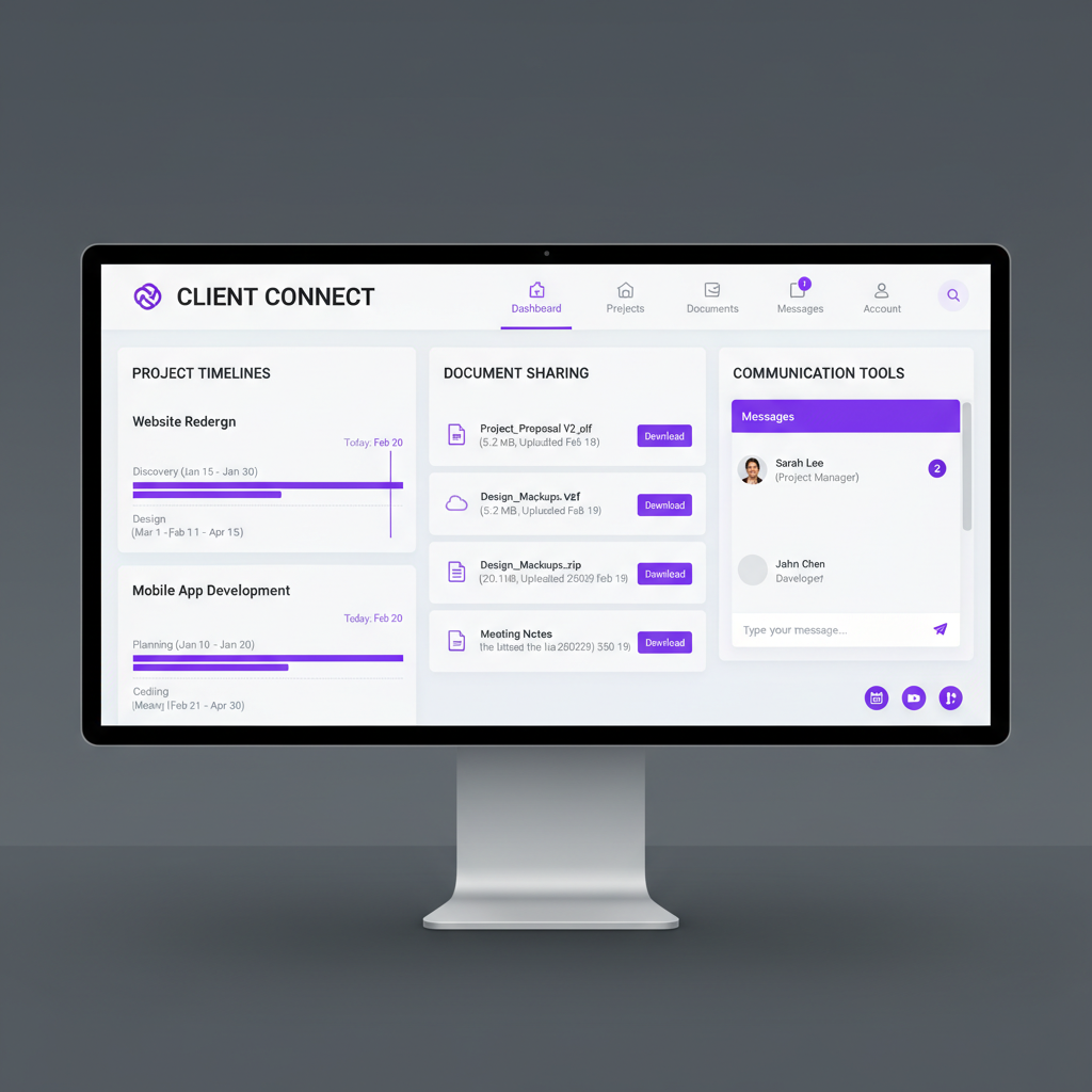 A modern dashboard screenshot showing a custom client portal interface with project timelines, document sharing, and com