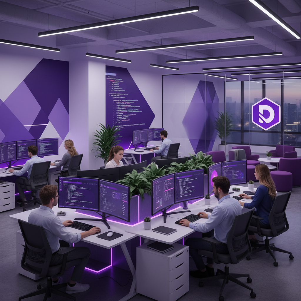 A professional team of developers working on custom software with multiple monitors showing code and client portal inter