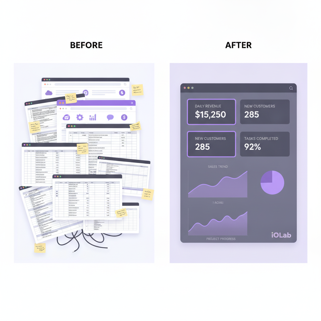 A split-screen comparison illustration showing the left side as a cluttered mess of spreadsheets, sticky notes, and mult