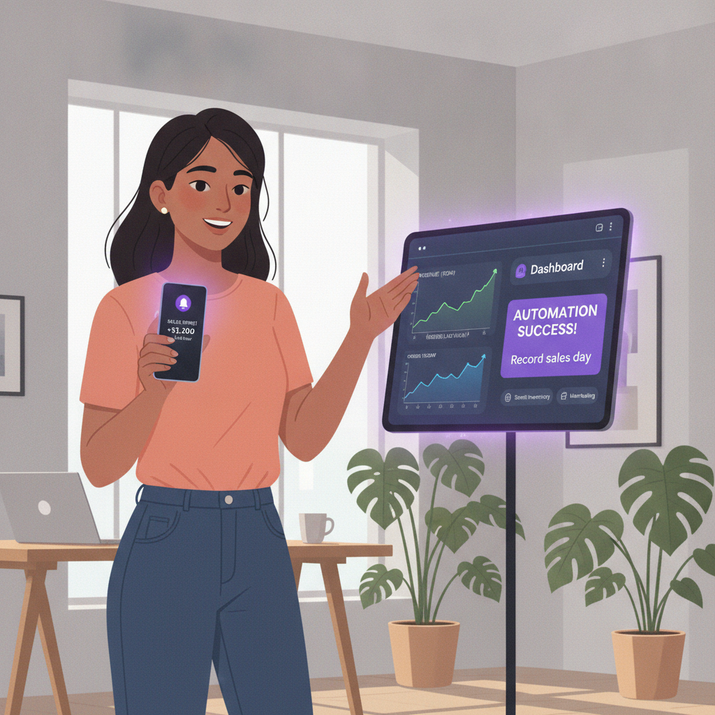 A modern illustration of a small business owner receiving a real-time alert on their smartphone, with a sleek mobile das