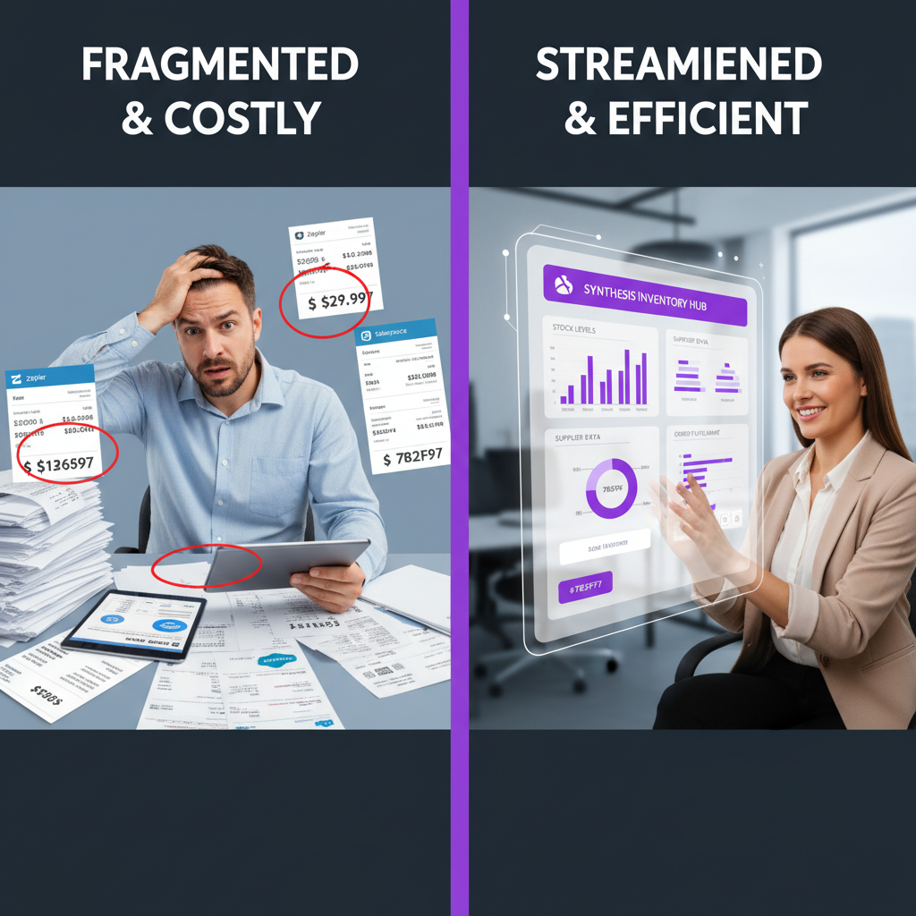 A split-screen comparison showing a frustrated business owner looking at multiple SaaS subscription bills on the left, v