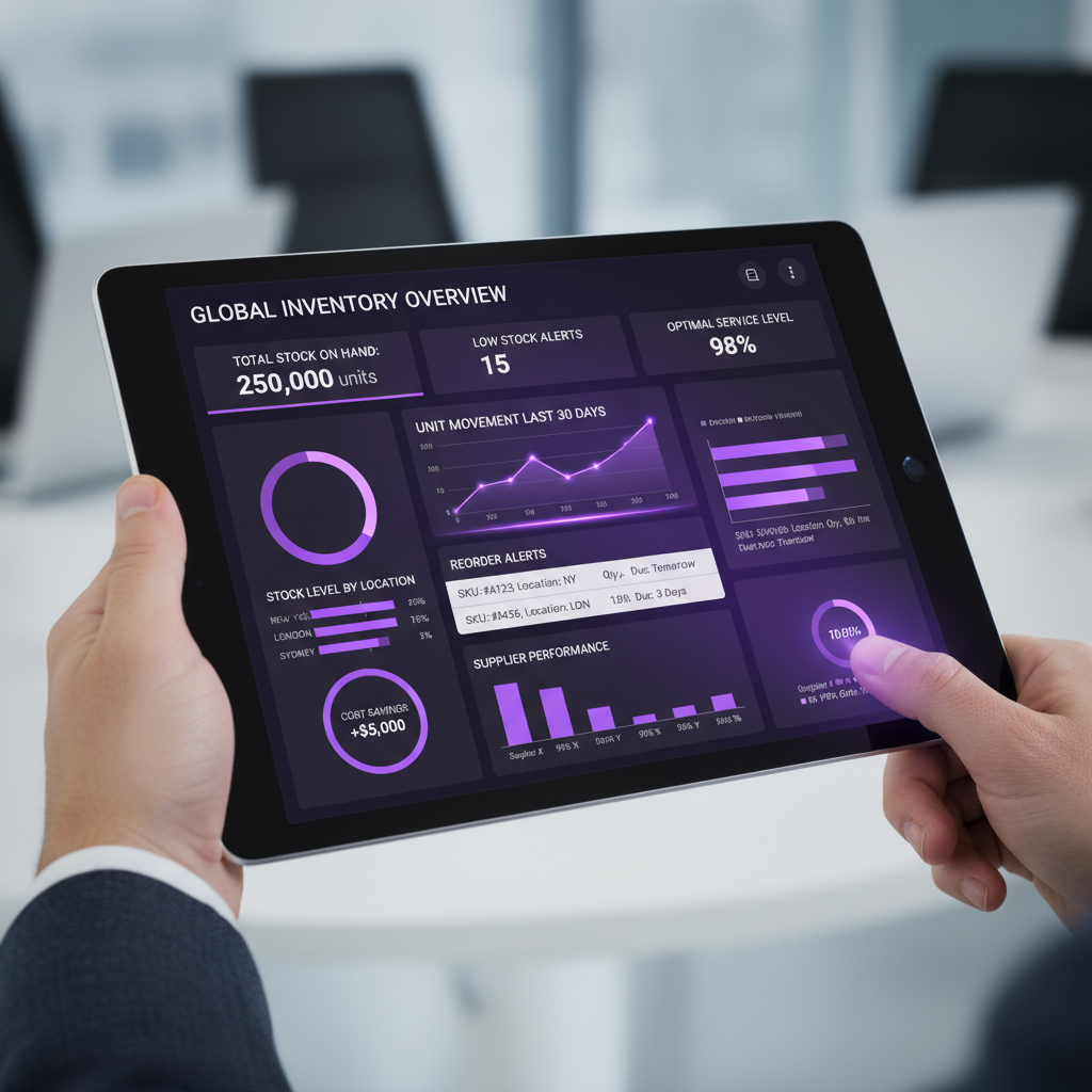 A modern business dashboard showing real-time inventory metrics, charts, and alerts across multiple locations. Clean, pr