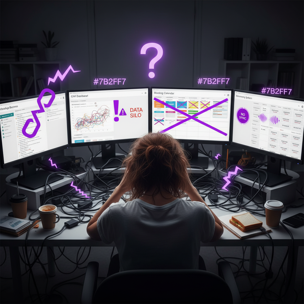 A frustrated small business owner at a desk surrounded by multiple screens showing different disconnected business syste