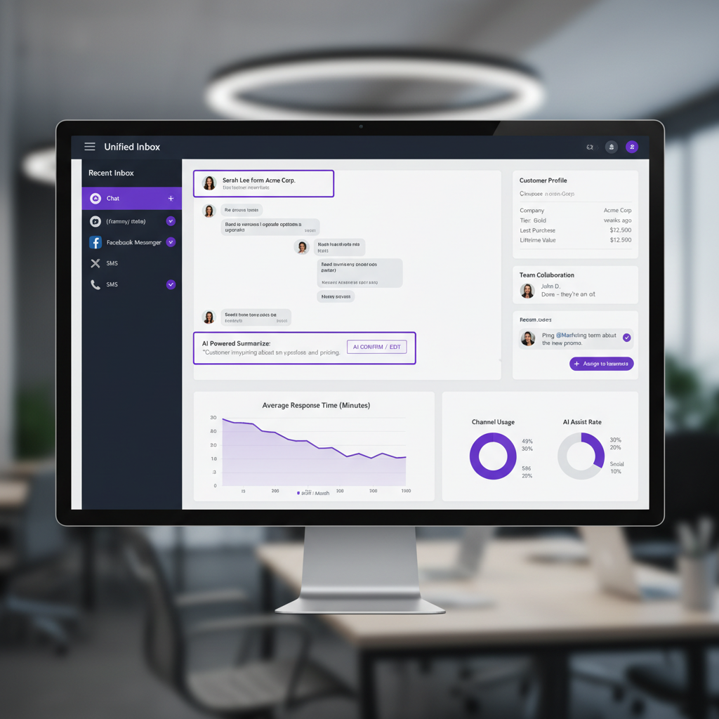A modern custom messaging dashboard interface showing unified customer communications with integrated business data, AI-
