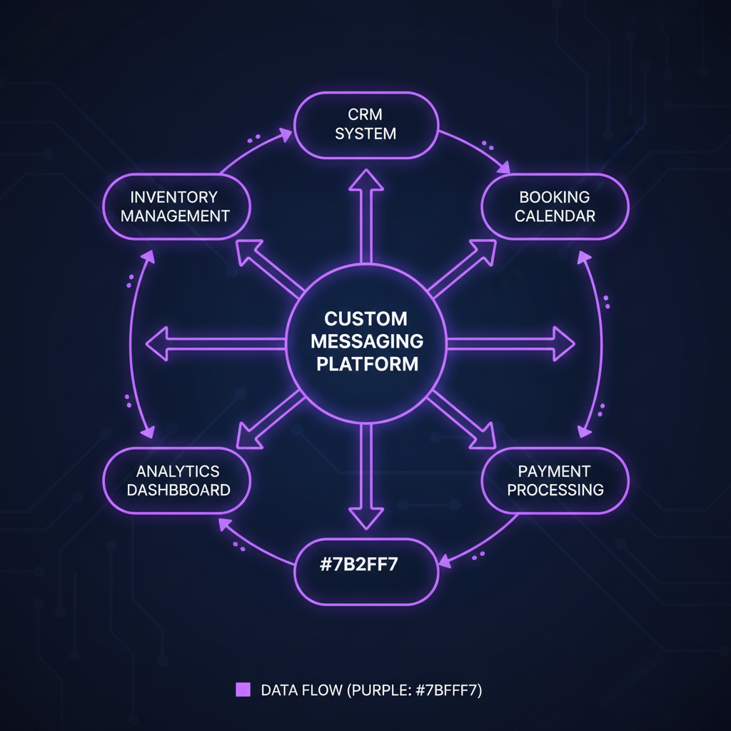 A network diagram showing a custom messaging platform at the center connected to various business systems including CRM,