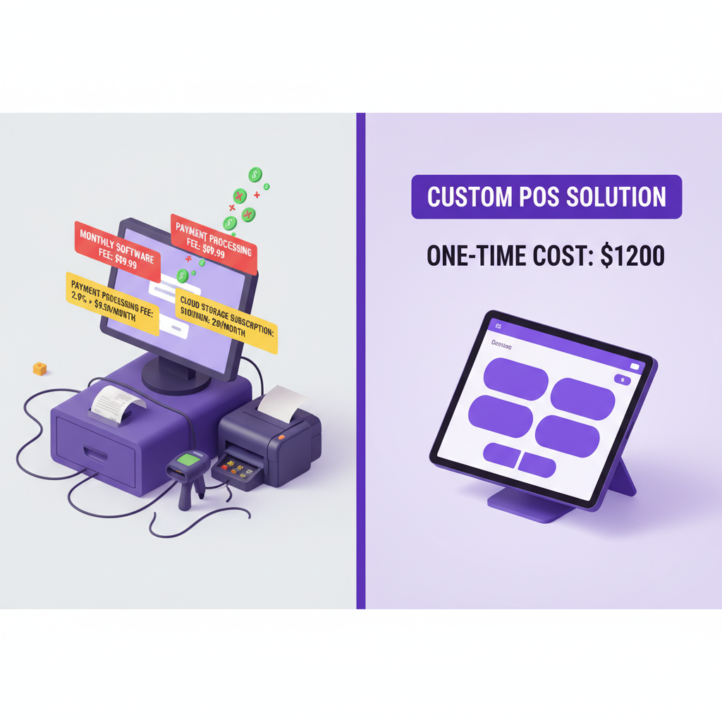 Split-screen comparison showing a cluttered traditional POS system with multiple monthly fee notifications and transacti