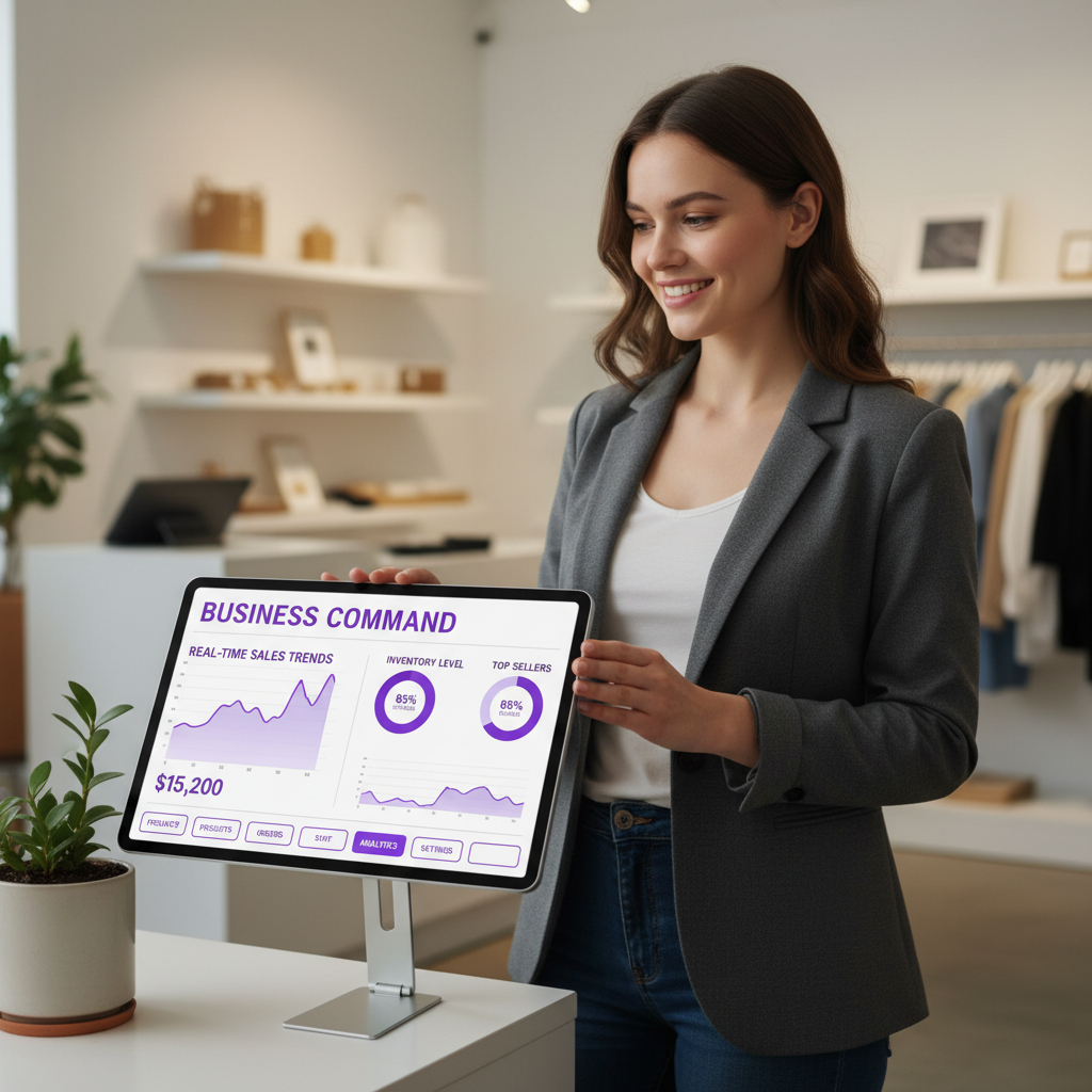 A modern small business owner standing confidently in their store, looking at a sleek tablet-based custom POS system dis