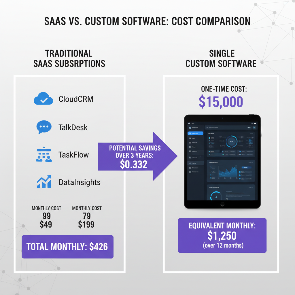 A detailed comparison chart showing traditional SaaS subscription costs stacking up versus a single custom software solu